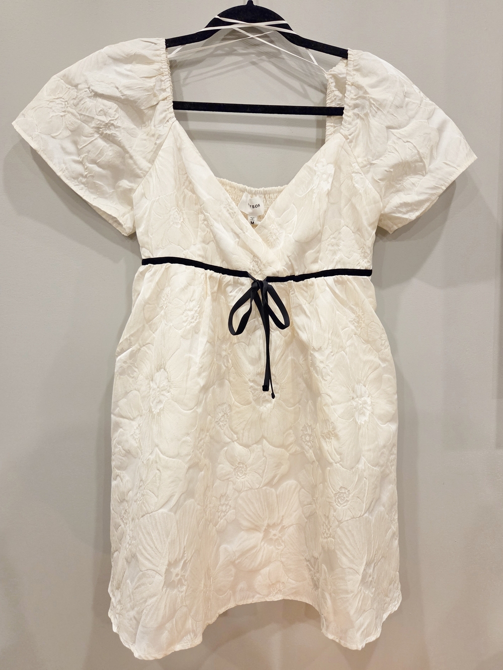 Ivory Floral Jaquard Short Dress with Black Velvet Bow
